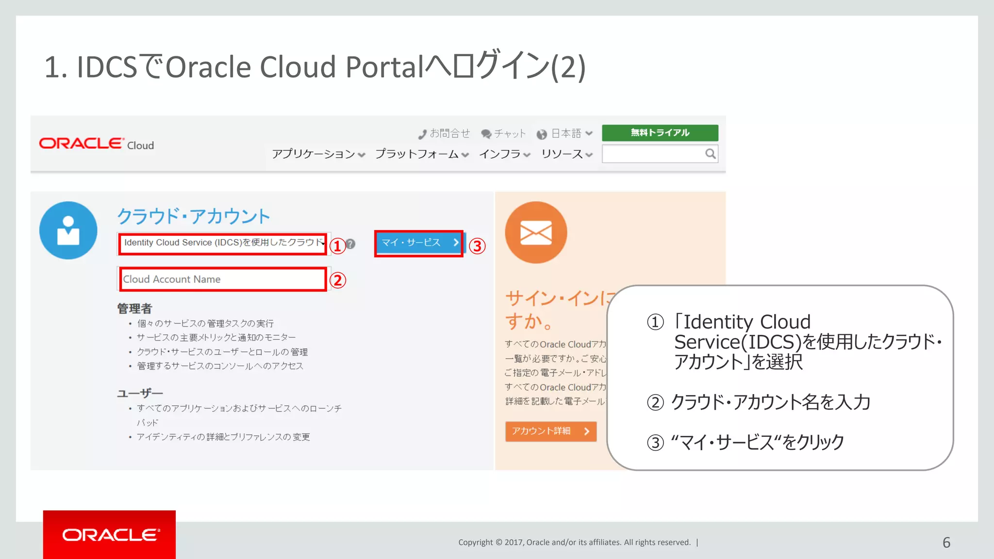 Copyright © 2017, Oracle and/or its affiliates. All rights reserved. |
①
②
1. IDCSでOracle Cloud Portalへログイン(2)
③
6
① 「Identity Cloud
Service(IDCS)を使用したクラウド・
アカウント」を選択
② クラウド・アカウント名を入力
③ “マイ・サービス“をクリック
 