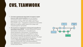 CVS, TEAMWORK
• Система управления версиями исходных кодов
(source code control system) или инструмент
интеграции среды с одной из существующих
версионных систем (CVS, RCS, Mercurial,Visual
SourceSafe и др.) - поддержка управления версиями
файлов исходных кодов проектов в среде при
сопровождении программ
• Инструменты поддержки командной разработки
программ (teamwork) - этапов жизненного цикла
программы (требования и спецификации,
проектирование, реализация, тестирование),
распределения заданий по разработке среди
участников команды программистов, контроля
выполнения заданий менеджером проекта. В среде
Visual Studio такая компонента называлась
сначала Team Foundation Server (TFS), а, начиная с
версииVisual Studio 2013, она реализована в
виде облачного интерфейса и получила название
Visual Studio Online.
 