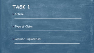 Article:
_______________________________________
Type of Claim:
_______________________________________
Reason/ Explanation:
_________________________________
TASK 1
 