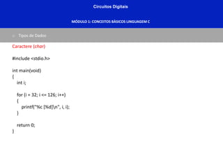 Circuitos Digitais
MÓDULO 1: CONCEITOS BÀSICOS LINGUAGEM C
o Tipos de Dados
Caractere (char)
#include <stdio.h>
int main(void)
{
int i;
for (i = 32; i <= 126; i++)
{
printf("%c [%d]n", i, i);
}
return 0;
}
 