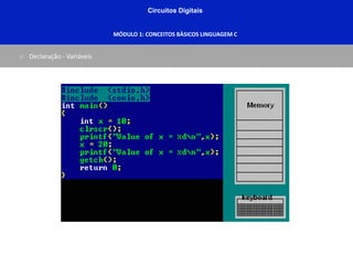 Circuitos Digitais
MÓDULO 1: CONCEITOS BÀSICOS LINGUAGEM C
o Declaração - Variáveis
 