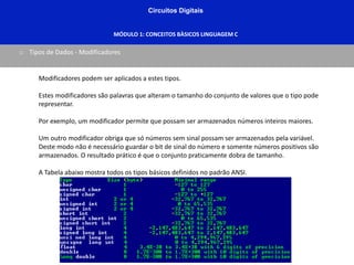 Circuitos Digitais
MÓDULO 1: CONCEITOS BÀSICOS LINGUAGEM C
o Tipos de Dados - Modificadores
Modificadores podem ser aplicados a estes tipos.
Estes modificadores são palavras que alteram o tamanho do conjunto de valores que o tipo pode
representar.
Por exemplo, um modificador permite que possam ser armazenados números inteiros maiores.
Um outro modificador obriga que só números sem sinal possam ser armazenados pela variável.
Deste modo não é necessário guardar o bit de sinal do número e somente números positivos são
armazenados. O resultado prático é que o conjunto praticamente dobra de tamanho.
A Tabela abaixo mostra todos os tipos básicos definidos no padrão ANSI.
 