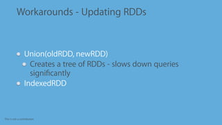 This is not a contribution
Workarounds - Updating RDDs
Union(oldRDD, newRDD)
Creates a tree of RDDs - slows down queries
signiﬁcantly
IndexedRDD
 