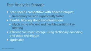 This is not a contribution
Fast Analytics Storage
Scan speeds competitive with Apache Parquet
In-memory version signiﬁcantly faster
Flexible ﬁltering along two dimensions
Much more eﬃcient and ﬂexible partition key
ﬁltering
Eﬃcient columnar storage using dictionary encoding
and other techniques
Updatable
 