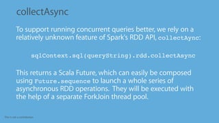 This is not a contribution
collectAsync
•
To support running concurrent queries better, we rely on a
relatively unknown feature of Spark's RDD API, collectAync:
•
sqlContext.sql(queryString).rdd.collectAsync
•
This returns a Scala Future, which can easily be composed
using Future.sequence to launch a whole series of
asynchronous RDD operations. They will be executed with
the help of a separate ForkJoin thread pool.
 