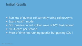 This is not a contribution
Initial Results
Run lots of queries concurrently using collectAsync
Spark local[*] mode
SQL queries on ﬁrst million rows of NYC Taxi dataset
50 Queries per Second
Most of time not running queries but parsing SQL !
 