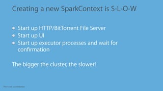 This is not a contribution
Creating a new SparkContext is S-L-O-W
Start up HTTP/BitTorrent File Server
Start up UI
Start up executor processes and wait for
conﬁrmation
•
The bigger the cluster, the slower!
 