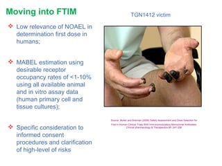 Moving into FTIM
 Low relevance of NOAEL in
determination first dose in
humans;
 MABEL estimation using
desirable receptor
occupancy rates of <1-10%
using all available animal
and in vitro assay data
(human primary cell and
tissue cultures);
 Specific consideration to
informed consent
procedures and clarification
of high-level of risks
TGN1412 victim
Source: Muller and Brennan (2009) Safety Assessment and Dose Selection for
First-in-Human Clinical Trials With Immunomodulatory Monoclonal Antibodies:
Clinical pharmacology & Therapeutics 85: 247-258
 