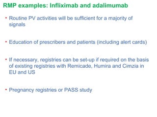 RMP examples: Infliximab and adalimumab
• Routine PV activities will be sufficient for a majority of
signals
• Education of prescribers and patients (including alert cards)
• If necessary, registries can be set-up if required on the basis
of existing registries with Remicade, Humira and Cimzia in
EU and US
• Pregnancy registries or PASS study
 