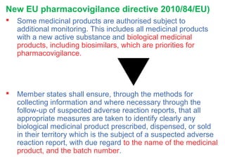New EU pharmacovigilance directive 2010/84/EU)
 Some medicinal products are authorised subject to
additional monitoring. This includes all medicinal products
with a new active substance and biological medicinal
products, including biosimilars, which are priorities for
pharmacovigilance.
 Member states shall ensure, through the methods for
collecting information and where necessary through the
follow-up of suspected adverse reaction reports, that all
appropriate measures are taken to identify clearly any
biological medicinal product prescribed, dispensed, or sold
in their territory which is the subject of a suspected adverse
reaction report, with due regard to the name of the medicinal
product, and the batch number.
 