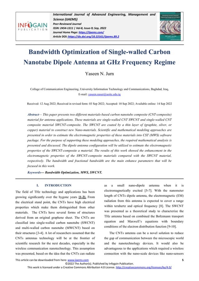 Bandwidth Optimization of Singlewalled Carbon Nanotube Dipole Antenna
