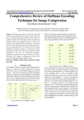 International Journal of Advanced Engineering, Management and Science (IJAEMS) [Vol-1, Issue-9, Dec- 2015]
Infogain Publication (Infogainpublication.com) ISSN : 2454-1311
www.ijaems.com Page | 8
Comprehensive Review of Huffman Encoding
Technique for Image Compression
Sona Khanna1
,Suman Kumari2
,Tadir3
1,2
Student M.Tech (CSE), Computer Science, Guru Nanak Dev University RC, Gurdaspur, India
3
Assistant Professor, Computer Science, Guru Nanak Dev University RC, Gurdaspur, India
Abstract—The image processing is used in the every field
of life. It is growing field and is used by large number of
users. The image processing is used in order to remove the
problems present within the image. There are number of
techniques which are suggested in order to improve the
image. For this purpose image enhancement is commonly
used. The space requirements associated with the image is
also very important factor. The main aim of the various
techniques of image processing is to decrease the space
requirements of the image. The space requirements will be
minimized by the use of compression techniques.
Compression techniques are lossy and lossless in nature.
This paper will conduct a comprehensive survey of the
lossless compression Huffman coding in detail.
Keywords— Huffman coding, Image compression, Image
processing.
I. INTRODUCTION
The Huffman Coding is a compression technique which is
lossless in nature. In lossless compression the pixel
information is not lost. The Huffman coding uses tree like
structure. The tree like structure will help in generating
unique code which can be easily decodable. The advantages
of using this technique are that it will produce minimum bit
rate for every codeword generated. The Huffman Coding
will be best described by the help of following example.
Fig. 1:Demonstration of Huffman coding
The Fig 1 shows the example in which every character of
the string is divided into parts and then separately coded.
The example takes the value of L=6 with the probability of
each message possibility will be noted at each node.
Fig. 2: Demonstration of Huffman coding
In the first step the message with the lowest probabilities
are selected. They are combined together to generate new
node with combined probability. ‘0’ will be assigned to one
of the possibility and ‘1’ will be assigned to other
possibility. The process continues until we are left with the
single node with probability ‘1’. In order to generate the
codeword we begin from the last node having possibility ‘1’
and move to the desired node collecting sequences of ‘0’
and ‘1’. As shown in the Fig 2 the message a4 has
Codeword ‘1110’. The Huffman coding generally produces
the least average bit rate as compared to other methods. The
existing approach follows iterative approach. Also existing
scheme follows Binary search mechanism. The efficiency
of the technique can be increased if Heaps along with
recursive approach is followed. The analysis of the existing
papers highlighted the advantages and disadvantages of the
existing approach.
 