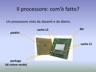 Il processore: com’è fatto?
Un processore visto da davanti e da dietro.
piedini
diecache L2
cache L2
13
package
(di colore verde)
A cura di Jacques Bottel
 