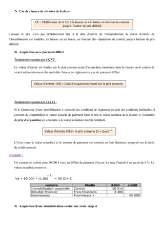 7) Cas de clauses de révision de la dette
Lorsque le prix n’est pas définitivement fixé à la date d’entrée de l’immobilisation, la valeur d’entrée de
l’immobilisation est modifiée, en hausse ou en baisse, en fonction des stipulations du contrat, jusqu’à fixation du prix
définitif.
8) Acquisition avec paiement différé
Traitement reconnu par CGNC :
La valeur d’entrée est fondée sur le prix convenu (cout d’acquisition, mentionne dans la facture ou le contrat de
vente) indépendamment des modalités futures de règlement en cas de paiement différé.
Traitement reconnu par IAS 16 :
Si le fournisseur d’une immobilisation a consenti des conditions de règlement au-delà des conditions habituelles, il
convient de comptabiliser la valeur actuelle du paiement futur et non la valeur nominale de la facture. L’évaluation
du prix d’acquisition est constatée à la valeur actualisée du prix comptant.
L’écart entre la valeur actualisée et le montant du paiement est constaté en frais financiers, rapportés sur la durée
du crédit consenti.
Exemple :
Un camion est acheté pour 60 000 € avec un différé de paiement d’un an. Le taux d’intérêt à un an est de 6 %. La
valeur actualisée ressort à :
9) Acquisition d’une immobilisation contre une rente viagère
VE = Modification de la VE à la hausse ou à la baisse en fonction du contrant
jusqu’à fixation du prix définitif
Valeur d’entrée (VE) = Coût d’acquisition fondé sur le prix convenu
Valeur d’entrée (VE) = le prix convenu (1 + taux) ─n
 