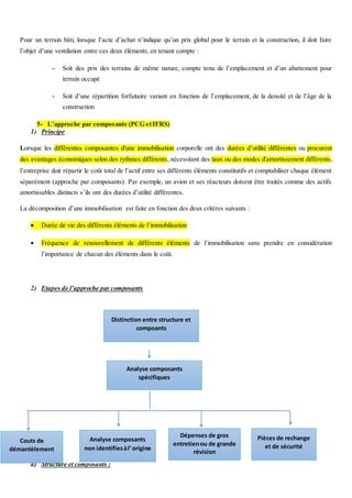 Pour un terrain bâti, lorsque l’acte d’achat n’indique qu’un prix global pour le terrain et la construction, il doit faire
l’objet d’une ventilation entre ces deux éléments, en tenant compte :
- Soit des prix des terrains de même nature, compte tenu de l’emplacement et d’un abattement pour
terrain occupé
- Soit d’une répartition forfaitaire variant en fonction de l’emplacement, de la densité et de l’âge de la
construction
5- L’approche par composante (PCG etIFRS)
1) Principe
Lorsque les différentes composantes d'une immobilisation corporelle ont des durées d’utilité différentes ou procurent
des avantages économiques selon des rythmes différents, nécessitant des taux ou des modes d'amortissement différents,
l’entreprise doit répartir le coût total de l’actif entre ses différents éléments constitutifs et comptabiliser chaque élément
séparément (approche par composants). Par exemple, un avion et ses réacteurs doivent être traités comme des actifs
amortissables distincts s’ils ont des durées d’utilité différentes.
La décomposition d’une immobilisation est faite en fonction des deux critères suivants :
 Durée de vie des différents éléments de l’immobilisation
 Fréquence de renouvellement de différents éléments de l’immobilisation sans prendre en considération
l’importance de chacun des éléments dans le coût.
2) Etapes de l’approche par composants
a) Structure et composants :
Distinction entre structure et
compoants
Analyse composants
spécifiques
Analyse composants
non identifiesàl’origine
Dépenses de gros
entretienou de grande
révision
Pièces de rechange
et de sécurité
Couts de
démantèlement
 