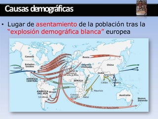 Causasdemográficas
• Lugar de asentamiento de la población tras la
“explosión demográfica blanca” europea
 