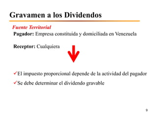 Gravamen a los Dividendos
Fuente Territorial
Pagador: Empresa constituida y domiciliada en Venezuela

 Receptor: Cualquiera




 El impuesto proporcional depende de la actividad del pagador
 Se debe determinar el dividendo gravable




                                                             9
 