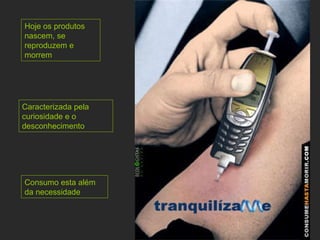 Hoje os produtos nascem, se reproduzem e morrem Caracterizada pela curiosidade e o desconhecimento Consumo esta além da necessidade 