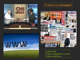 O meio é a mensagem Cultura oral Cultura tipográfica e visual Cultura eletrônica 