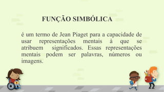 FUNÇÃO SIMBÓLICA
é um termo de Jean Piaget para a capacidade de
usar representações mentais à que se
atribuem significados. Essas representações
mentais podem ser palavras, números ou
imagens.
 