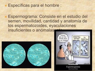  Específicas para el hombre :
 Espermograma: Consiste en el estudio del
semen, movilidad, cantidad y anatomía de
los espermatozoides, eyaculaciones
insuficientes o anómalas, etc.
 