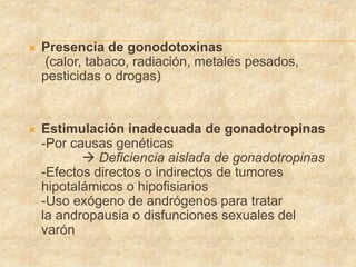  Presencia de gonodotoxinas
(calor, tabaco, radiación, metales pesados,
pesticidas o drogas)
 Estimulación inadecuada de gonadotropinas
-Por causas genéticas
 Deficiencia aislada de gonadotropinas
-Efectos directos o indirectos de tumores
hipotalámicos o hipofisiarios
-Uso exógeno de andrógenos para tratar
la andropausia o disfunciones sexuales del
varón
 