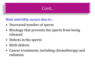 Cont..
Male infertility occurs due to :
• Decreased number of sperm
• Blockage that prevents the sperm from being
released
• Defects in the sperm
• Birth defects
• Cancer treatments, including chemotherapy and
radiation
 