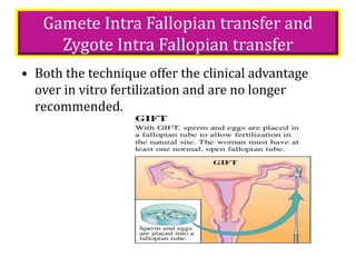Gamete Intra Fallopian transfer and
Zygote Intra Fallopian transfer
• Both the technique offer the clinical advantage
over in vitro fertilization and are no longer
recommended.
 
