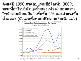 ้                      ี ี
ตังแต่ปี 1990 ค่าตอบแทนซอโอเพิม 300%
                                ่
ขณะทีกาไรบริษัทสูงขึนสองเท่า ค่าตอบแทน
       ่             ้
“พนักงานฝ่ ายผลิต” เพิมขึน 4% และค่าแรงขัน
                       ่ ้               ้
ตาลดลง (ตัวเลขทังหมดปรับตามเงินเฟ้ อแล ้ว)
  ่               ้




                                         16
 