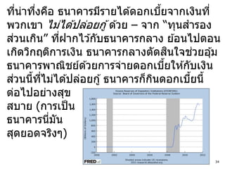 ทีน่าทึงคือ ธนาคารมีรายได ้ดอกเบียจากเงินที่
      ่  ่                          ้
พวกเขา ไม่ได ้ปล่อยกู ้ ด ้วย – จาก “ทุนสารอง
  ่
สวนเกิน” ทีฝากไว ้กับธนาคารกลาง ย ้อนไปตอน
               ่
                                        ิ
เกิดวิกฤติการเงิน ธนาคารกลางตัดสนใจชวยอุ ้ม ่
ธนาคารพาณิชย์ด ้วยการจ่ายดอกเบียให ้กับเงิน
                                      ้
    ่
สวนนีทไม่ได ้ปล่อยกู ้ ธนาคารก็กนดอกเบียนี้
        ้ ี่                      ิ       ้
ต่อไปอย่างสุข
สบาย (การเป็ น
ธนาคารนีมัน  ่
สุดยอดจริงๆ)

                                           34
 