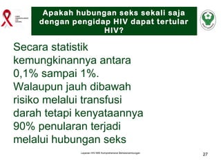 Apakah hubungan seks sekali saja
dengan pengidap HIV dapat tertular
HIV?

Secara statistik
kemungkinannya antara
0,1% sampai 1%.
Walaupun jauh dibawah
risiko melalui transfusi
darah tetapi kenyataannya
90% penularan terjadi
melalui hubungan seks
Layanan HIV-IMS Komprehensive Berkesinambungan

27

 