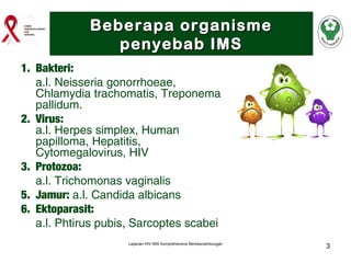 Beberapa organisme
penyebab IMS
1. Bakteri:
a.l. Neisseria gonorrhoeae,
Chlamydia trachomatis, Treponema
pallidum.
2. Virus:
a.l. Herpes simplex, Human
papilloma, Hepatitis,
Cytomegalovirus, HIV
3. Protozoa:
a.l. Trichomonas vaginalis
5. Jamur: a.l. Candida albicans
6. Ektoparasit:
a.l. Phtirus pubis, Sarcoptes scabei
Layanan HIV-IMS Komprehensive Berkesinambungan

3

 