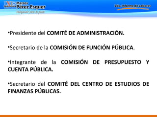Presidente   del  COMITÉ DE ADMINISTRACIÓN.  Secretario de la  COMISIÓN DE FUNCIÓN PÚBLICA . Integrante de la  COMISIÓN DE PRESUPUESTO Y CUENTA PÚBLICA. Secretario del  COMITÉ DEL CENTRO DE ESTUDIOS DE FINANZAS PÚBLICAS. 