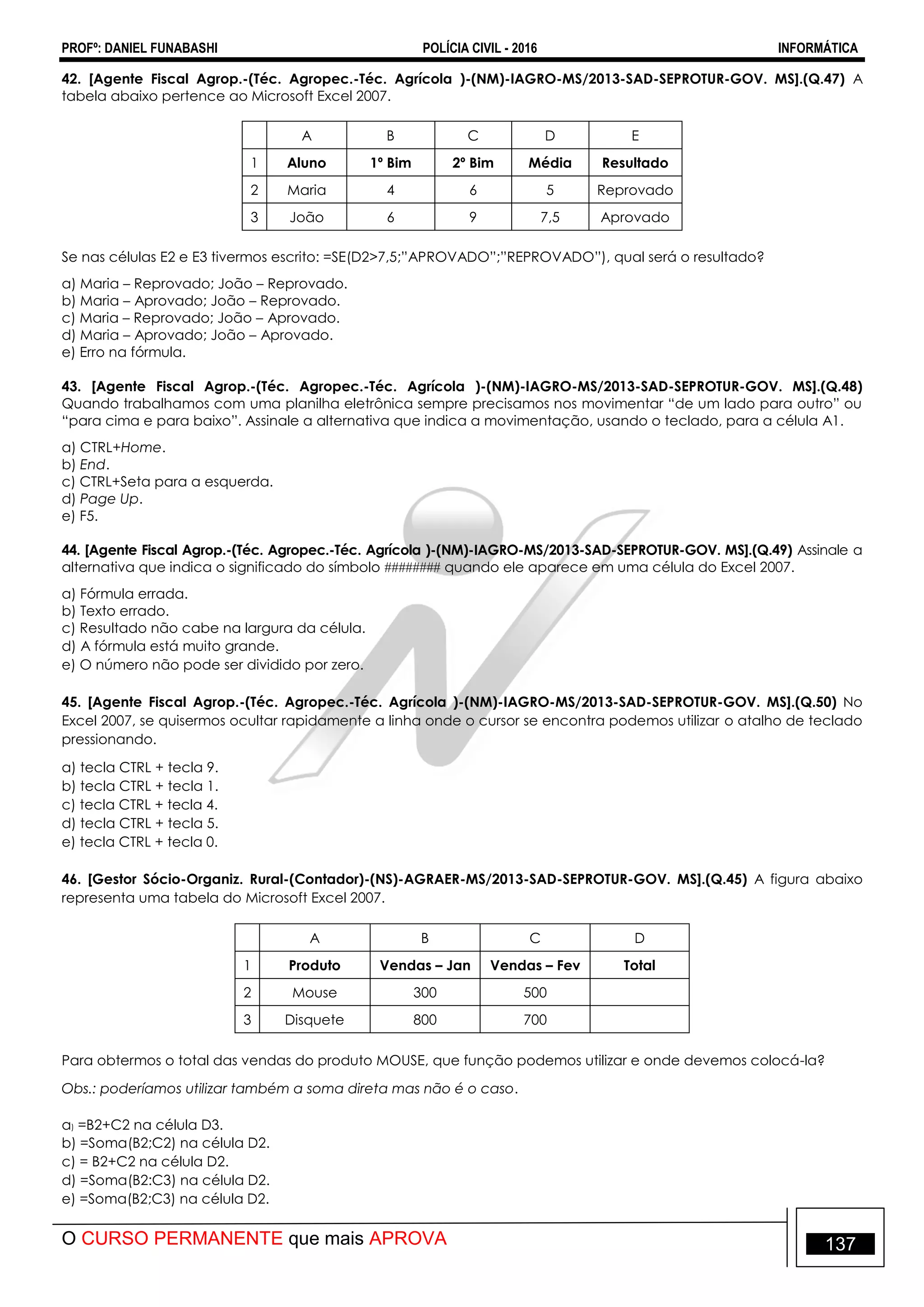 PROFº: DANIEL FUNABASHI POLÍCIA CIVIL - 2016 INFORMÁTICA
O CURSO PERMANENTE que mais APROVA 137
42. [Agente Fiscal Agrop.-(Téc. Agropec.-Téc. Agrícola )-(NM)-IAGRO-MS/2013-SAD-SEPROTUR-GOV. MS].(Q.47) A
tabela abaixo pertence ao Microsoft Excel 2007.
A B C D E
1 Aluno 1º Bim 2º Bim Média Resultado
2 Maria 4 6 5 Reprovado
3 João 6 9 7,5 Aprovado
Se nas células E2 e E3 tivermos escrito: =SE(D2>7,5;”APROVADO”;”REPROVADO”), qual será o resultado?
a) Maria – Reprovado; João – Reprovado.
b) Maria – Aprovado; João – Reprovado.
c) Maria – Reprovado; João – Aprovado.
d) Maria – Aprovado; João – Aprovado.
e) Erro na fórmula.
43. [Agente Fiscal Agrop.-(Téc. Agropec.-Téc. Agrícola )-(NM)-IAGRO-MS/2013-SAD-SEPROTUR-GOV. MS].(Q.48)
Quando trabalhamos com uma planilha eletrônica sempre precisamos nos movimentar “de um lado para outro” ou
“para cima e para baixo”. Assinale a alternativa que indica a movimentação, usando o teclado, para a célula A1.
a) CTRL+Home.
b) End.
c) CTRL+Seta para a esquerda.
d) Page Up.
e) F5.
44. [Agente Fiscal Agrop.-(Téc. Agropec.-Téc. Agrícola )-(NM)-IAGRO-MS/2013-SAD-SEPROTUR-GOV. MS].(Q.49) Assinale a
alternativa que indica o significado do símbolo  quando ele aparece em uma célula do Excel 2007.
a) Fórmula errada.
b) Texto errado.
c) Resultado não cabe na largura da célula.
d) A fórmula está muito grande.
e) O número não pode ser dividido por zero.
45. [Agente Fiscal Agrop.-(Téc. Agropec.-Téc. Agrícola )-(NM)-IAGRO-MS/2013-SAD-SEPROTUR-GOV. MS].(Q.50) No
Excel 2007, se quisermos ocultar rapidamente a linha onde o cursor se encontra podemos utilizar o atalho de teclado
pressionando.
a) tecla CTRL + tecla 9.
b) tecla CTRL + tecla 1.
c) tecla CTRL + tecla 4.
d) tecla CTRL + tecla 5.
e) tecla CTRL + tecla 0.
46. [Gestor Sócio-Organiz. Rural-(Contador)-(NS)-AGRAER-MS/2013-SAD-SEPROTUR-GOV. MS].(Q.45) A figura abaixo
representa uma tabela do Microsoft Excel 2007.
A B C D
1 Produto Vendas – Jan Vendas – Fev Total
2 Mouse 300 500
3 Disquete 800 700
Para obtermos o total das vendas do produto MOUSE, que função podemos utilizar e onde devemos colocá-la?
Obs.: poderíamos utilizar também a soma direta mas não é o caso.
a) =B2+C2 na célula D3.
b) =Soma(B2;C2) na célula D2.
c) = B2+C2 na célula D2.
d) =Soma(B2:C3) na célula D2.
e) =Soma(B2;C3) na célula D2.
 