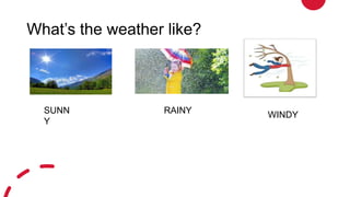 What’s the weather like?
SUNN
Y
RAINY WINDY
 