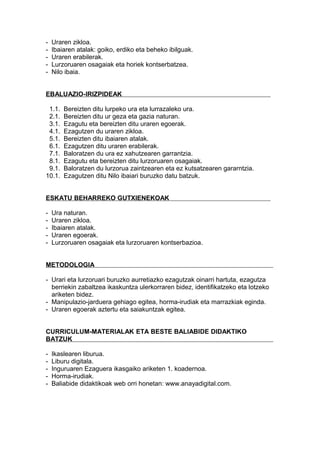 - Uraren zikloa.
- Ibaiaren atalak: goiko, erdiko eta beheko ibilguak.
- Uraren erabilerak.
- Lurzoruaren osagaiak eta horiek kontserbatzea.
- Nilo ibaia.
EBALUAZIO-IRIZPIDEAK
1.1. Bereizten ditu lurpeko ura eta lurrazaleko ura.
2.1. Bereizten ditu ur geza eta gazia naturan.
3.1. Ezagutu eta bereizten ditu uraren egoerak.
4.1. Ezagutzen du uraren zikloa.
5.1. Bereizten ditu ibaiaren atalak.
6.1. Ezagutzen ditu uraren erabilerak.
7.1. Baloratzen du ura ez xahutzearen garrantzia.
8.1. Ezagutu eta bereizten ditu lurzoruaren osagaiak.
9.1. Baloratzen du lurzorua zaintzearen eta ez kutsatzearen gararntzia.
10.1. Ezagutzen ditu Nilo ibaiari buruzko datu batzuk.
ESKATU BEHARREKO GUTXIENEKOAK
- Ura naturan.
- Uraren zikloa.
- Ibaiaren atalak.
- Uraren egoerak.
- Lurzoruaren osagaiak eta lurzoruaren kontserbazioa.
METODOLOGIA
- Urari eta lurzoruari buruzko aurretiazko ezagutzak oinarri hartuta, ezagutza
berriekin zabaltzea ikaskuntza ulerkorraren bidez, identifikatzeko eta lotzeko
ariketen bidez.
- Manipulazio-jarduera gehiago egitea, horma-irudiak eta marrazkiak eginda.
- Uraren egoerak aztertu eta saiakuntzak egitea.
CURRICULUM-MATERIALAK ETA BESTE BALIABIDE DIDAKTIKO
BATZUK
- Ikaslearen liburua.
- Liburu digitala.
- Inguruaren Ezaguera ikasgaiko ariketen 1. koadernoa.
- Horma-irudiak.
- Baliabide didaktikoak web orri honetan: www.anayadigital.com.
 