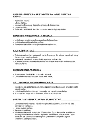 CURRICULUM-MATERIALAK ETA BESTE BALIABIDE DIDAKTIKO
BATZUK
- Ikaslearen liburua.
- Liburu digitala.
- Inguruaren Ezaguera ikasgaiko ariketen 2. koadernoa.
- Horma-irudiak.
- Baliabide didaktikoak web orri honetan: www.anayadigital.com.
EBALUAZIO-PROZEDURAK ETA -TRESNAK
- Unitatearen amaieran autoebaluazio-ariketak egitea.
- Unitateari dagokion ebaluazio-fitxa.
- Etengabeko ebaluazioaren jarraipena erregistroan.
KALIFIKAZIO-SISTEMA
- Autoebaluazio-orrian, irakasleak puntu 1 emango dio ariketa bakoitzari, behar
den moduan erantzun bada.
- Irakasleak balorazioa ebaluazio-erregistroan idatziko du.
- Autoebaluazio-fitxan ariketa bakoitza irakasleak adierazten duen moduan
kalifikatuko da.
ERREKUPERAZIO-PROGRAMA
- Proposamen didaktikoko indartzeko ariketak.
- Unitatearekin batera dauden indartzeko fitxak.
ANIZTASUNAREN ARRETARAKO NEURRIAK
- Indartzeko eta zabaltzeko ariketak proposamen didaktikoaren orrialde bikoitz
bakoitzerako.
- Unitatearekin batera dauden indartzeko eta zabaltzeko ariketak.
- Kontzeptuen mapa eta unitatearen laburpena irakurtzea.
ARIKETA OSAGARRIAK ETA ESKOLAZ KANPOKOAK
- Gomendatutako irteerak: natura interpretatzeko zentroa, baserri bat edo
baratze bat bisitatzea.
- Horma-irudiak egitea.
- Ikerketa-proiektuak.
- Nazioarteko egunak ezagutzea: Zuhaitzaren Egun Nazionala, autonomia-
erkidego batetik bestera aldatu egiten da. Normalean, martxoaren 21ean
ospatzen da, Valentziako Erkidegoan (urtarrilaren 31n) eta Aragoin
(otsailaren 28an) izan ezik.
 