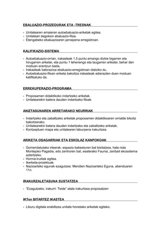 EBALUAZIO-PROZEDURAK ETA -TRESNAK
- Unitatearen amaieran autoebaluazio-ariketak egitea.
- Unitateari dagokion ebaluazio-fitxa.
- Etengabeko ebaluazioaren jarraipena erregistroan.
KALIFIKAZIO-SISTEMA
- Autoebaluazio-orrian, irakasleak 1,5 puntu emango dizkie bigarren eta
hirugarren ariketei, eta puntu 1 lehenengo eta laugarren ariketei, behar den
moduan erantzun bada.
- Irakasleak balorazioa ebaluazio-erregistroan idatziko du.
- Autoebaluazio-fitxan ariketa bakoitza irakasleak adierazten duen moduan
kalifikatuko da.
ERREKUPERAZIO-PROGRAMA
- Proposamen didaktikoko indartzeko ariketak.
- Unitatearekin batera dauden indartzeko fitxak.
ANIZTASUNAREN ARRETARAKO NEURRIAK
- Indartzeko eta zabaltzeko ariketak proposamen didaktikoaren orrialde bikoitz
bakoitzerako.
- Unitatearekin batera dauden indartzeko eta zabaltzeko ariketak.
- Kontzeptuen mapa eta unitatearen laburpena irakurtzea.
ARIKETA OSAGARRIAK ETA ESKOLAZ KANPOKOAK
- Gomendatutako irteerak: espazio babesturen bat bisitatzea, hala nola
Montejoko Pagadia, edo zentroren bat, esaterako Faunia, zenbait ekosistema
aztertzeko.
- Horma-irudiak egitea.
- Ikerketa-proiektuak.
- Nazioarteko egunak ezagutzea: Mendien Nazioarteko Eguna, abenduaren
11n.
IRAKURZALETASUNA SUSTATZEA
- “Ezagutzeko, irakurri: Teide” atala irakurtzea proposatzen
IKTen BITARTEZ IKASTEA
- Liburu digitala erabiltzea unitate honetako ariketak egiteko.
 