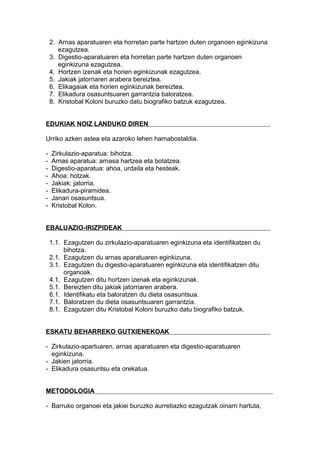 2. Arnas aparatuaren eta horretan parte hartzen duten organoen eginkizuna
ezagutzea.
3. Digestio-aparatuaren eta horretan parte hartzen duten organoen
eginkizuna ezagutzea.
4. Hortzen izenak eta horien eginkizunak ezagutzea.
5. Jakiak jatorriaren arabera bereiztea.
6. Elikagaiak eta horien eginkizunak bereiztea.
7. Elikadura osasuntsuaren garrantzia baloratzea.
8. Kristobal Koloni buruzko datu biografiko batzuk ezagutzea.
EDUKIAK NOIZ LANDUKO DIREN
Urriko azken astea eta azaroko lehen hamabostaldia.
- Zirkulazio-aparatua: bihotza.
- Arnas aparatua: arnasa hartzea eta botatzea.
- Digestio-aparatua: ahoa, urdaila eta hesteak.
- Ahoa: hotzak.
- Jakiak: jatorria.
- Elikadura-piramidea.
- Janari osasuntsua.
- Kristobal Kolon.
EBALUAZIO-IRIZPIDEAK
1.1. Ezagutzen du zirkulazio-aparatuaren eginkizuna eta identifikatzen du
bihotza.
2.1. Ezagutzen du arnas aparatuaren eginkizuna.
3.1. Ezagutzen du digestio-aparatuaren eginkizuna eta identifikatzen ditu
organoak.
4.1. Ezagutzen ditu hortzen izenak eta eginkizunak.
5.1. Bereizten ditu jakiak jatorriaren arabera.
6.1. Identifikatu eta baloratzen du dieta osasuntsua.
7.1. Baloratzen du dieta osasuntsuaren garrantzia.
8.1. Ezagutzen ditu Kristobal Koloni buruzko datu biografiko batzuk.
ESKATU BEHARREKO GUTXIENEKOAK
- Zirkulazio-apartuaren, arnas aparatuaren eta digestio-aparatuaren
eginkizuna.
- Jakien jatorria.
- Elikadura osasuntsu eta orekatua.
METODOLOGIA
- Barruko organoei eta jakiei buruzko aurretiazko ezagutzak oinarri hartuta,
 