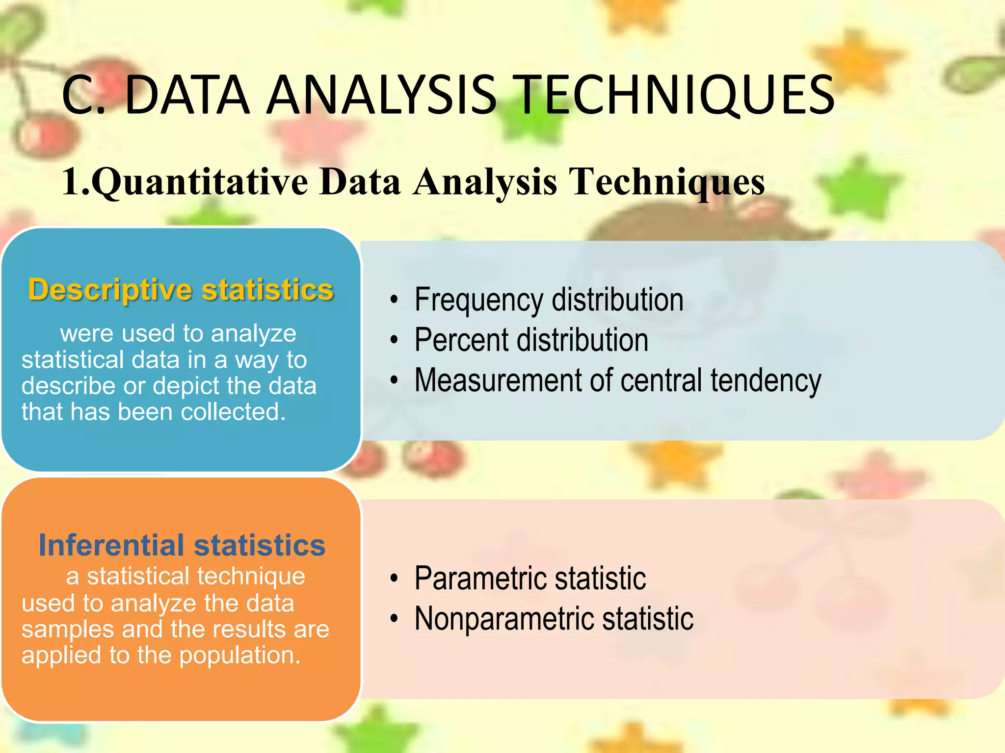 C. DATA ANALYSIS TECHNIQUES
1.Quantitative Data Analysis Techniques
• Frequency distribution
• Percent distribution
• Measurement of central tendency
Descriptive statistics
were used to analyze
statistical data in a way to
describe or depict the data
that has been collected.
• Parametric statistic
• Nonparametric statistic
Inferential statistics
a statistical technique
used to analyze the data
samples and the results are
applied to the population.
 