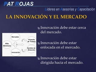 LA INNOVACIÓN Y EL MERCADO
 Innovación debe estar cerca
del mercado.
 Innovación debe estar
enfocada en el mercado.
 Innovación debe estar
dirigida hacia el mercado.
 