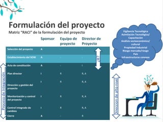 Formulación del proyecto
Matriz “RACI” de la formulación del proyecto
Sponsor Equipo de 
proyecto
Director de 
Proyecto
Selección del proyecto A - -
Establecimiento del SOW A - -
Acta de constitución A - I
Plan director I R R, A
Dirección y gestión del 
proyecto
I R R, A
Monitorización y control 
del proyecto
I R R, A
Control integrado de 
cambios
I R R, A
Cierre A - R
Vigilancia Tecnológica
Asimilación Tecnológica/
Capacitación
Análisis socioeconómico/ 
cultural
Propiedad Industrial
Riesgo mercado/riesgo 
País
Infraestructuras conexas
 