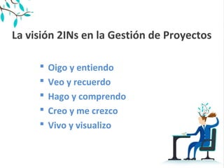 La visión 2INs en la Gestión de Proyectos
 Oigo y entiendo
 Veo y recuerdo
 Hago y comprendo
 Creo y me crezco
 Vivo y visualizo
 