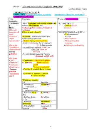 Dossier .- Guión PREdimensionando Cumpliendo VITRUVIO
Leciñena López, Noelia
3
*SIEMPRE TENER CLARO
GEOMETRÍA “ramas canalización = patinillo, cómo funciona rejillas, maquinaria”,
CRITERIO ELECCIÓN
Tipo
instalación
Geometría Norma ( versé resumenes)
Ventilación
y
Humo
(diferentes
tipos gases
tubos
diferentes)
“idem
saneamiento”
(Recuerda:
Saneamiento
+ventilación
unifica
patinillo).
(Recuerda:
CASO
SISTEMA:
Ventilación +
climatización
mismo
patinillo
“tratamiento
aire”).
*Pieza, Productora de gases y humos no
ventilar directamente por:
Fachada, patios comunes, balcones ó
ventanas.
( Directamente: Shunt!!)
*Patinillo.- unifica los conductos de
ventilación de extracción.
.-Hasta 7 planta, mismo colector.
.-S libre>0,6 x1m (lo fija nº colector
0,3 de lado/unidad)
.-Accesible.- cada planta S>0,4 x1m.
.-cada 10m (tubo, no
patinillo).
.-Si coincide nervio, jácena podría
disminuir a (0,25 x0,5)
*S.Ventana >.-1/8 superficie planta
(c. no húme) pieza“vivienda”
.-1/10
“comercio, industria”
.-Corredor longitud<4xluz ventana
.-Escalera nº huecos= nº plantas
S= ancho escalera
*Chimenea exterior.
Si: Requisito
.-Proximidad:
.-ventilación (ej:
ventana)
.-persona (ej: terraza)
Distar 3m
.-Edificios distan <
8m
H Edif.+0,4
.-Edificio distan
< 2m
1,3 x H Edif.
.-Cubierta
transitable
Incrementa H
2m
.-Cubierta NO
transita.
Incrementa H
1,2m
*CTE-HS.3 RITE
.-Cálculo sección
conducto.
*ORDENANZA GNRAL EDIFI.
.-Predimensionado
sección
.-Hueco ventana
.-Altura coronación
chimenea
(ventilación,combustión).
 