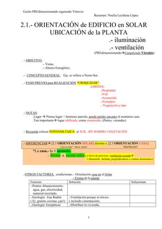 Guión PREdimensionando siguiendo Vitruvio
Resumen: Noelia Leciñena López
1
2.1.- ORIENTACIÓN de EDIFICIO en SOLAR
UBICACIÓN de la PLANTA
.- iluminación
.- ventilación
(PREdimensionando Cumpliendo Vitrubio)
.- OBJETIVO:
.- Vistas.
.- Ahorro Energético.
.- CONCEPTO GENERAL: Eje, se refiere a Norte-Sur.
.- PASO PREVIO para REALIZACIÓN “CROQUIZAR”:
LIMITES:
.-Propiedad
.-Vial
.-Acometida
.-Vertedero
.- Vegetación y tipo
.- NOTAS:
.Lugar Piensa lugar + hermoso parcela, puede perder encanto al asentarse casa.
.Tan importante lugar edificado, como construido. (Patios, verandas).
.- Recuerda colocar FOTOVOLTAICA al SUR, SIN SOMBRA VEGETACIÓN.
.- DIFERENCIAR [2.1 ORIENTACIÓN SOLAR] distinta a [2.3 ORIENTACIÓN CASA]
“casa en solar” “ubicar planta” “distribución”
*La casa.- lo + suroeste.
.- forma: a escala solar.( a favor de provocar: ventilación cruzada
+ dimensión fachada, perpendiculares a vientos dominantes)
.-OTROS FACTORES, condicionan:.- Orientación casa en el Solar
.- Forma de la planta
Factores Solución Solucionan
.-Puntos Abastecimiento:
agua, gas, electricidad,
material reciclado.
.-Geología: Gas Radón
( Ej: granito cocinas ¡ojo!)
.-Ventilación porque es tóxico.
( incluido cimentación).
.-Geología: Geopáticas .-Distribuir la vivienda,
 