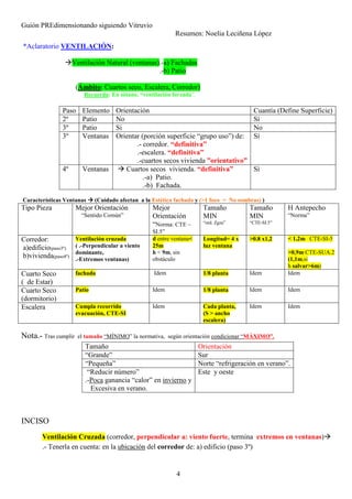 Guión PREdimensionando siguiendo Vitruvio
Resumen: Noelia Leciñena López
4
*Aclaratorio VENTILACIÓN:
Ventilación Natural (ventanas).-a) Fachadas
.-b) Patio
(Ámbito: Cuartos seco, Escalera, Corredor)
Recuerda: En sótano, “ventilación forzada”.
Paso Elemento Orientación Cuantía (Define Superficie)
2º Patio No Sí
3º Patio Si No
3º Ventanas Orientar (porción superficie “grupo uso”) de:
.- corredor. “definitiva”
.-escalera. “definitiva”
.-cuartos secos vivienda ”orientativo”
Sí
4º Ventanas Cuartos secos vivienda. “definitiva”
.-a) Patio.
.-b) Fachada.
Sí
Características Ventanas (Cuidado afectan a la Estética fachada y (>1 foco = No sombras) )
Tipo Pieza Mejor Orientación
“Sentido Común”
Mejor
Orientación
“Norma: CTE –
SI.5”
Tamaño
MIN
“ord. Zgza”
Tamaño
MIN
“CTE-SI.5”
H Antepecho
“Norma”
Corredor:
a)edificio(paso3º)
b)vivienda(paso4º)
Ventilación cruzada
( .-Perpendicular a viento
dominante,
.-Extremos ventanas)
d entre ventana<
25m
h < 9m, sin
obstáculo
Longitud= 4 x
luz ventana
>0.8 x1,2 < 1,2m CTE-SI-5
>0,9m CTE-SUA.2
(1,1m,si
h salvar>6m)
Cuarto Seco
( de Estar)
fachada Idem 1/8 planta Idem Idem
Cuarto Seco
(dormitorio)
Patio Idem 1/8 planta Idem Idem
Escalera Cumpla recorrido
evacuación, CTE-SI
Idem Cada planta,
(S > ancho
escalera)
Idem Idem
Nota.- Tras cumplir el tamaño “MÍNIMO” la normativa, según orientación condicionar “MÁXIMO”.
Tamaño Orientación
“Grande” Sur
“Pequeña” Norte “refrigeración en verano”.
“Reducir número”
.-Poca ganancia “calor” en invierno y
Excesiva en verano.
Este y oeste
INCISO
Ventilación Cruzada (corredor, perpendicular a: viento fuerte, termina extremos en ventanas)
.- Tenerla en cuenta: en la ubicación del corredor de: a) edificio (paso 3º)
 