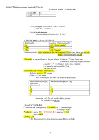 Guión PREdimensionando siguiendo Vitruvio
Resumen: Noelia Leciñena López
9
Caso I ) Se amplia la dotación en > 50% ó 40 plazas.
Versé art. 2.4.11 P.G.O.U
CasoII) No cabe dotación
“Ordenanza General Edificación S>20m2”
.-DIMENCIONES de los PASILLOS
Ancho calle Ángulo estacionamiento
3m <45 “línea, cordón”
3,5m <60
4,5m >60 “batería”
Disminuir ancho hasta máxima de 3m Disminuir 50cm/ cada 50cm que excede
ancho estacionamiento de 2m.
Obstáculo, se toma referencia ángulo aristas: Arista A= Vértice óbstaculo
Arista B= Línea Mayor aparcamiento.
.-ángulo <15º con línea de ancho más cercana.
.- si permite ancho pasillo >3m.
.-no para acceso.
Sobreancho (en curvas o intersección),
Ámbito.-acceso > 30 plazas
Objeto.- evitar roces,
Este sobreancho, no debe ser invadido por coches.
Aumentar en 2,5m, si: pasillo doble sentido
Nº de vehículos>100m
.-RAMPA Y GÁLIBO.
Comunicación entre plantas, >75 plazas.-a) 2 rampa simple
.-b) 1 rampa doble
Pendiente <.-recta 20% ( CTE-SUA + taxativo <16%)
.-curva 14%
Gálibo>2,2m
>2m (canalizaciones aire, Bajantes agua, Jácena aislada)
90<S<135 1,5
>135 2
Radio intersección [m]
Desde centro a
radio interno rueda
Ancho mínimo pasillo [m]
3 3
<3 3,5
<2 4,5
1 5
 
