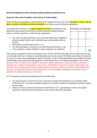 1
DUPLEX PROTECCIÓN CONTRA RADIACIONES GEOPÁTICAS
Zonas de Alteración Geopática como fuente de Enfermedad.
Zonas de alteración geopática, son anomalías en las capas de la tierra cerca de la superficie. Fallas, vetas de
agua, cavernas y todo tipo de sistema de pantalla, son típicas zonas de alteración geopática.
Las radiaciones cósmicas y el campo magnético terrestre interactúan con las
radiaciones provenientes del núcleo de nuestro planeta formando distintas
tramas a nivel de superficie, siendo las más importantes:
• Las venas de agua subterránea, que corren por debajo de la superficie,
generan campo eléctrico por rozamiento que es proyectado sobre su
vertical
• Red Global o de Hartmann (2mts x 2.5)
• Las fallas geológicas, fracturas en la conformación del terreno, y las
• Vetas metálicas, alteran también el campo magnético en superficie
Estas tramas energéticas recién se neutralizan a más de diez mil metros de altura en la ionósfera, por lo que
son afectadas tanto las viviendas de una planta baja como las de un piso 20. Donde estas líneas de radiación
se cruzan se crean puntos geopatógenos que de acuerdo a su tipo e intensidad pueden desencadenar distintas
enfermedades como reacciones del organismo a estas alteraciones en el campo bioenergético de la Tierra:
insomnio, dolor de cabeza o de espalda al levantarse, dolores reumáticos, cansancio crónico, problemas
circulatorios y cardíacos (taquicardia), nerviosismo, irritabilidad, afectación al sistema inmunológico por
dificultad en la eliminación de toxinas, estado de ánimo depresivo, esclerosis múltiple, enfermedades auto
inmunes, enfermedades degenerativas, parestesias en las extremidades, tendencias a neoformaciones la
aparición de células cancerosas y varias más.
La 1ª ilustración muestra esta disposición de las interferencias:
1. Las vetas de agua y erosiones de tierra, muestran en rangos de interferencia, por ejemplo, desde
22.00 hasta 24.7, una gran cantidad de puntos de resonancia-interferencia pueden encontrarse dentro
de este rango.
2. Todas las zonas de alteración incluyen la interferencia 22.5. (generadora de cáncer). Se pueden
determinar interferencias específicas para una zona de alteración específica.
Red Global o de Hartmann
 