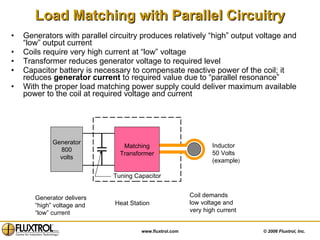 Load Matching with Parallel Circuitry Generators with parallel circuitry produces relatively “high” output voltage and “low” output current Coils require very high current at “low” voltage Transformer reduces generator voltage to required level Capacitor battery is necessary to compensate reactive power of the coil; it reduces  generator current  to required value due to “parallel resonance” With the proper load matching power supply could deliver maximum available power to the coil at required voltage and current Inductor 50 Volts (example ) Generator delivers “ high” voltage and “ low” current Coil demands low voltage and very high current Heat Station Generator 800 volts Tuning Capacitor Matching Transformer 