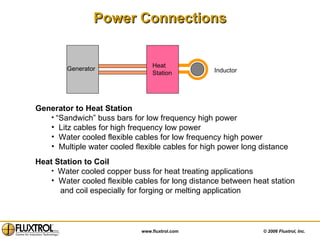 Power Connections Generator to Heat Station “ Sandwich” buss bars for low frequency high power Litz cables for high frequency low power Water cooled flexible cables for low frequency high power Multiple water cooled flexible cables for high power long distance Heat Station to Coil Water cooled copper buss for heat treating applications Water cooled flexible cables for long distance between heat station  and coil especially for forging or melting application Inductor Heat Station Generator 